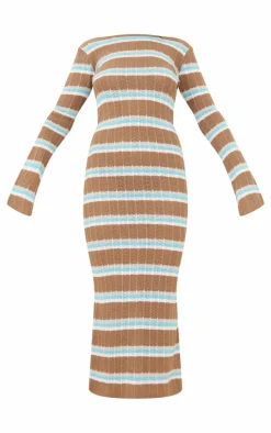 Mocha Wide Rib Knit Striped Long Sleeve Maxi Dress