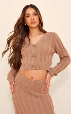 Mocha Wide Rib Textured Knit Button Up Cardigan