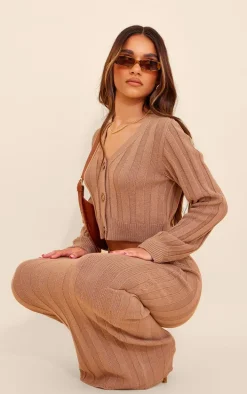 Mocha Wide Rib Textured Knit Button Up Cardigan