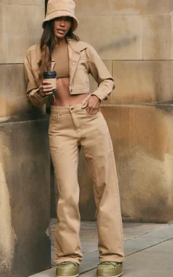 Mocha With Contrast Stitch Crop Denim Jacket