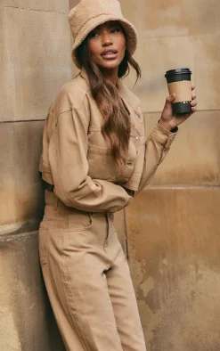 Mocha With Contrast Stitch Crop Denim Jacket