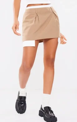 Mocha Woven Box Pleated Shirt Detail Skater Skirt