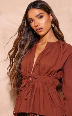 Mocha Woven Double Tie Shirred Top