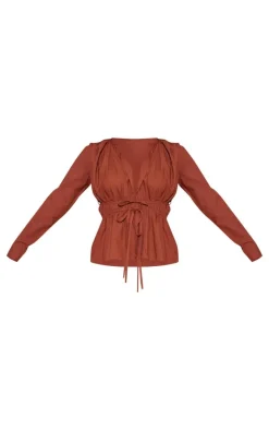 Mocha Woven Double Tie Shirred Top