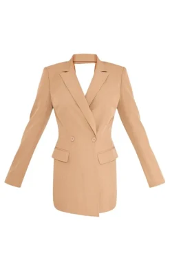 Mocha Woven Pinstripe Tailored Cut Out Twist Back Blazer Dress