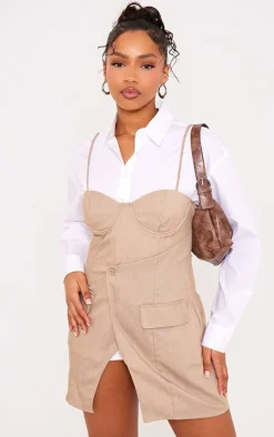 Mocha Woven Tailored Pocket Detail Wrap Front Mini Dress