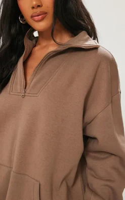 Mocha Zip Up Pocket Detail Sweatshirt