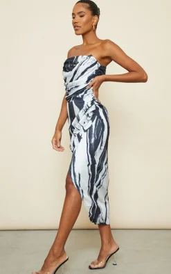 Monochrome Abstract Print Satin Bandeau Ruched Detail Midaxi Dress