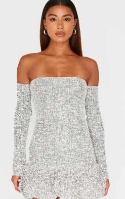 Monochrome Bardot Boucle Puffball Mini Dress