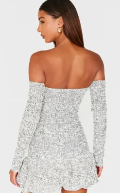 Monochrome Bardot Boucle Puffball Mini Dress