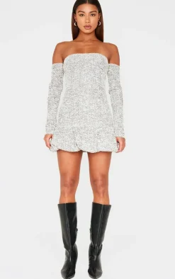 Monochrome Bardot Boucle Puffball Mini Dress