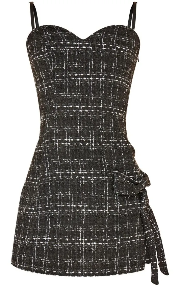 Monochrome Boucle Strappy Bow Detail Bodycon Dress