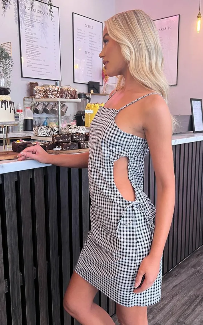 Monochrome Check Cut Out Ruched Side Bodycon Dress