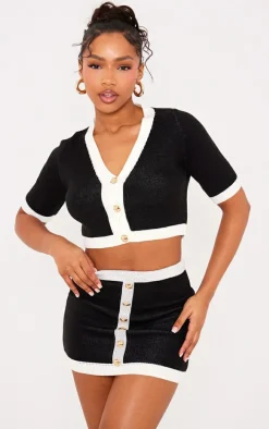 Monochrome Contrast Hem Button Up Mini Cardigan