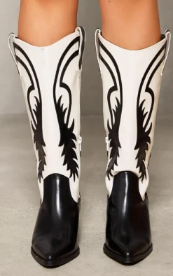 Monochrome Contrast Pu Point Toe Knee High Western Boots