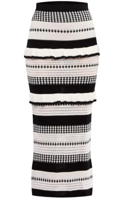Monochrome Contrast Stitch Crochet Knit Midaxi Skirt