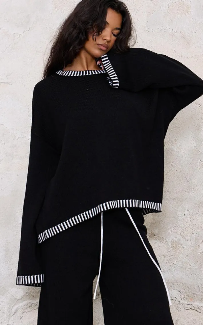 Monochrome Contrast Stitch Detail Knit Oversized Sweater