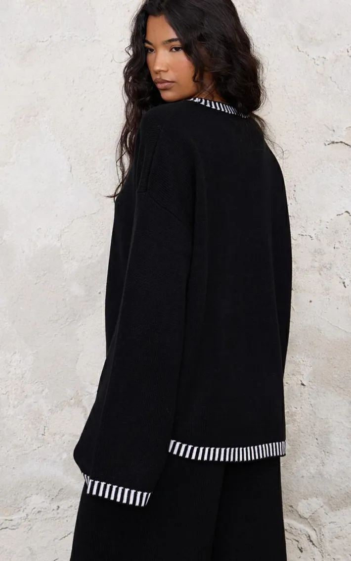 Monochrome Contrast Stitch Detail Knit Oversized Sweater