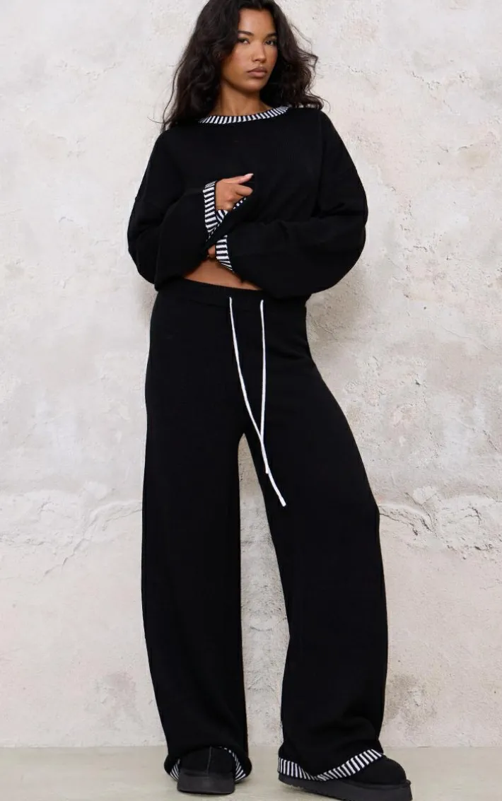 Monochrome Contrast Stitch Detail Knit Drawstring Waist Pants