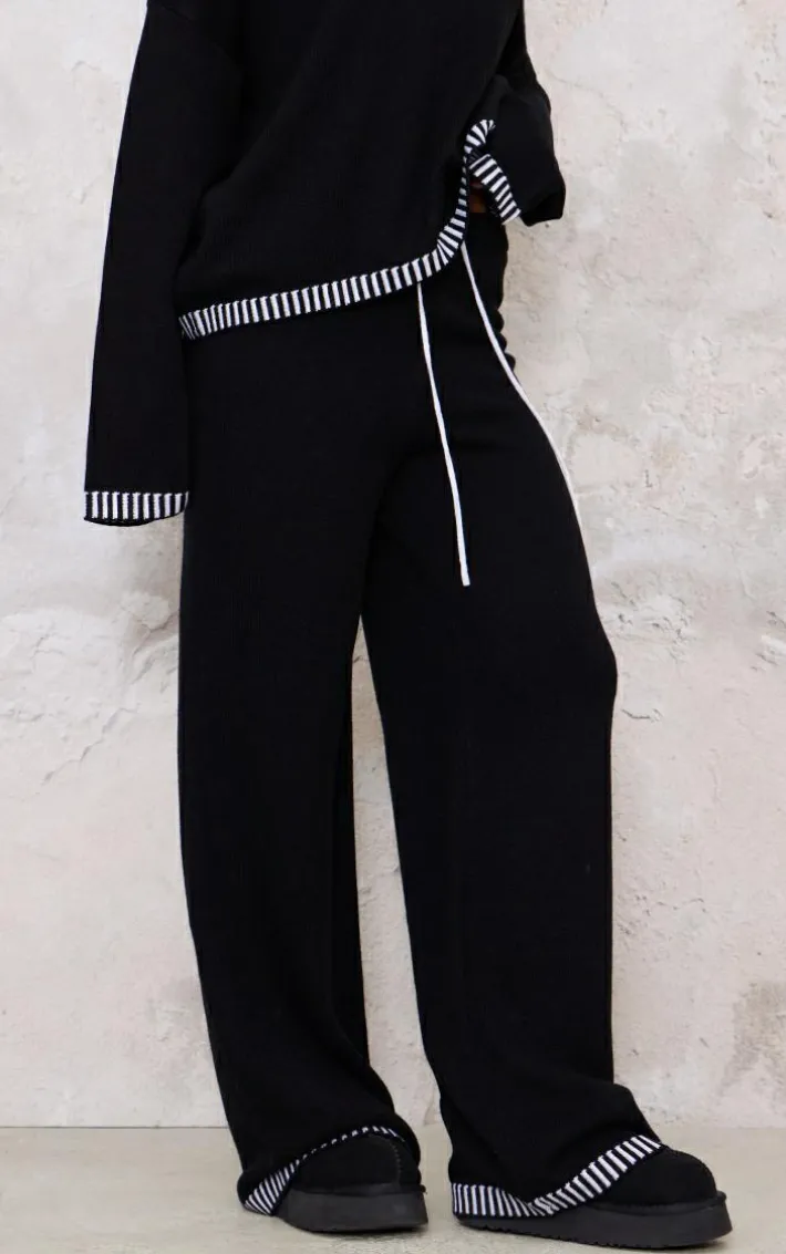 Monochrome Contrast Stitch Detail Knit Drawstring Waist Pants