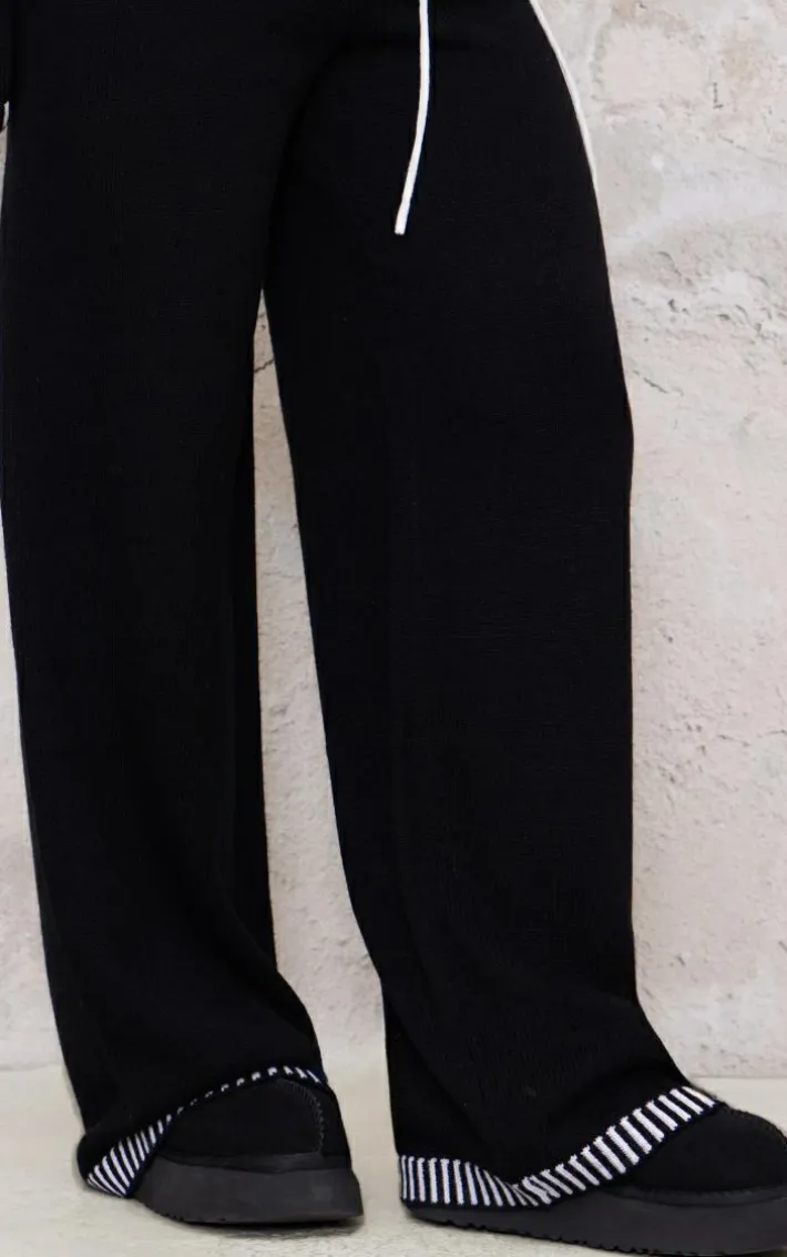 Monochrome Contrast Stitch Detail Knit Drawstring Waist Pants