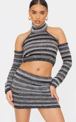Monochrome Contrast Stripe Knit High Neck Top With Sleeves