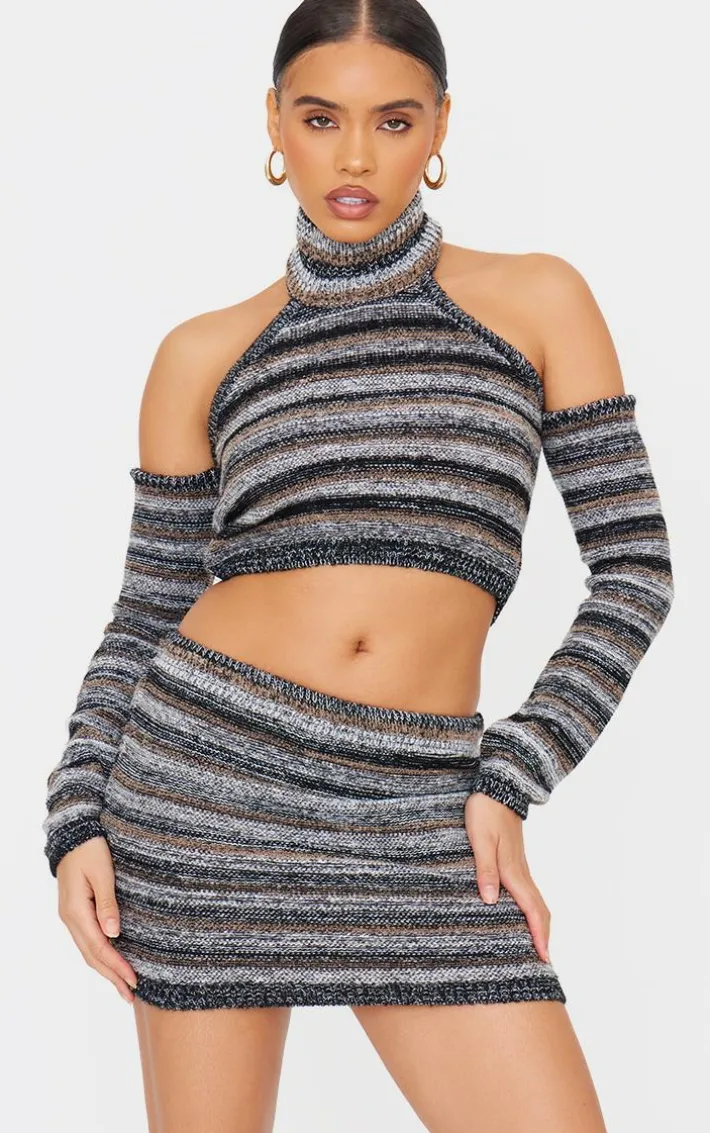 Monochrome Contrast Stripe Knit High Neck Top With Sleeves
