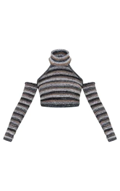 Monochrome Contrast Stripe Knit High Neck Top With Sleeves