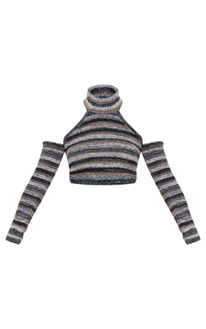 Monochrome Contrast Stripe Knit High Neck Top With Sleeves