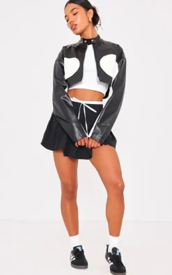 Monochrome Faux Leather Contrast Panel Cropped Jacket