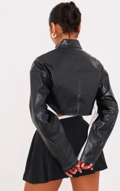 Monochrome Faux Leather Contrast Panel Cropped Jacket