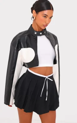Monochrome Faux Leather Contrast Panel Cropped Jacket