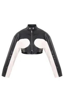Monochrome Faux Leather Contrast Panel Cropped Jacket