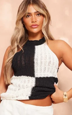 Monochrome High Neck Contrast Crochet Knit Top