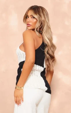 Monochrome High Neck Contrast Crochet Knit Top