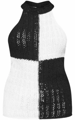 Monochrome High Neck Contrast Crochet Knit Top