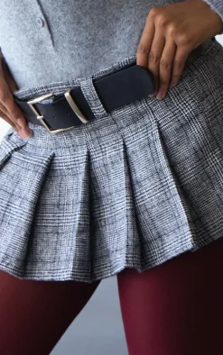 Monochrome Plaid Brushed Woven Belted Pleated Mini Skirt