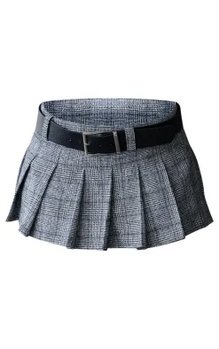 Monochrome Plaid Brushed Woven Belted Pleated Mini Skirt