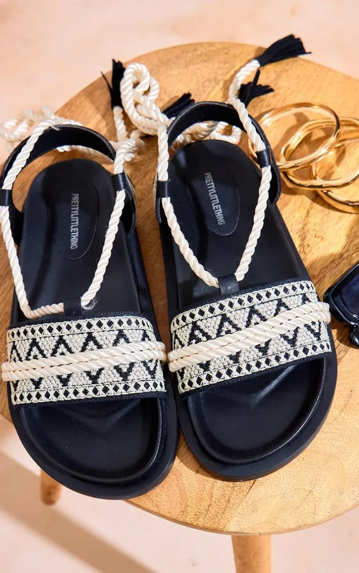 Monochrome PU Round Toe Embroidery Strap Lace Up Sandals