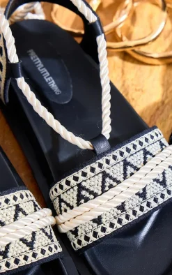 Monochrome PU Round Toe Embroidery Strap Lace Up Sandals