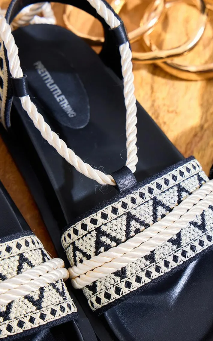 Monochrome PU Round Toe Embroidery Strap Lace Up Sandals