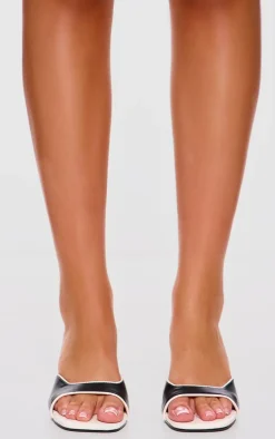 Monochrome PU Square Toe Contrast Heeled Mules