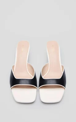 Monochrome PU Square Toe Contrast Heeled Mules