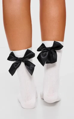 Monochrome Satin Bow Ribbed Ankle Socks