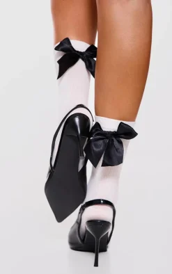 Monochrome Satin Bow Ribbed Ankle Socks
