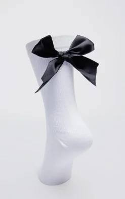 Monochrome Satin Bow Ribbed Ankle Socks