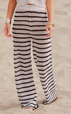 Monochrome Stripe Crochet Knit Wide Leg Pants