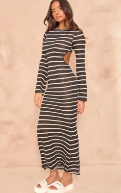 Monochrome Stripe Flare Sleeve Cut Out Back Maxi Dress
