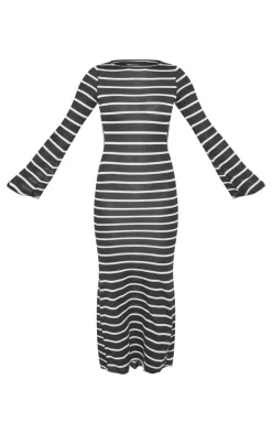 Monochrome Stripe Flare Sleeve Cut Out Back Maxi Dress