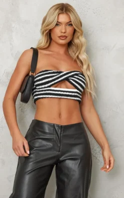 Monochrome Stripe Knit Twist Front Bandeau